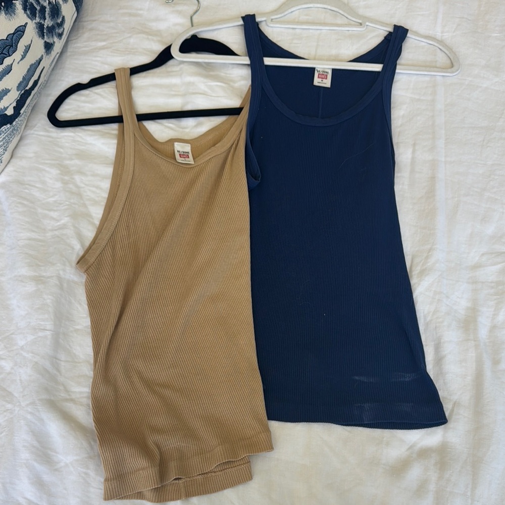 RE/DONE Tan and Navy Ribbed Tank Tops